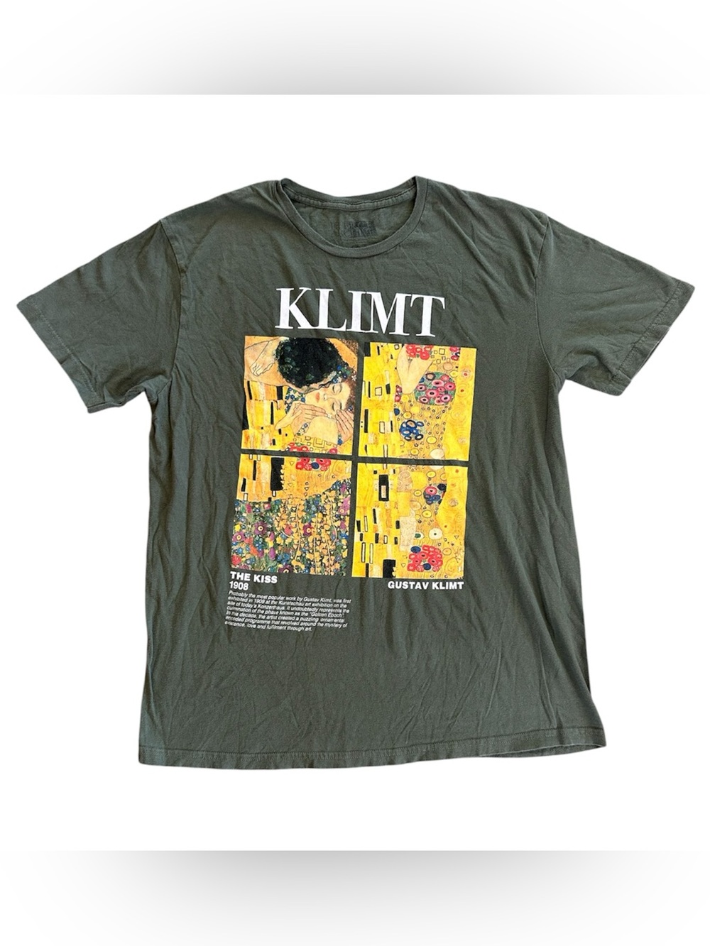 Pierce Archive | Unisex Olive Green Klimt 'The Kiss' Graphic Short Sleeve Tee L